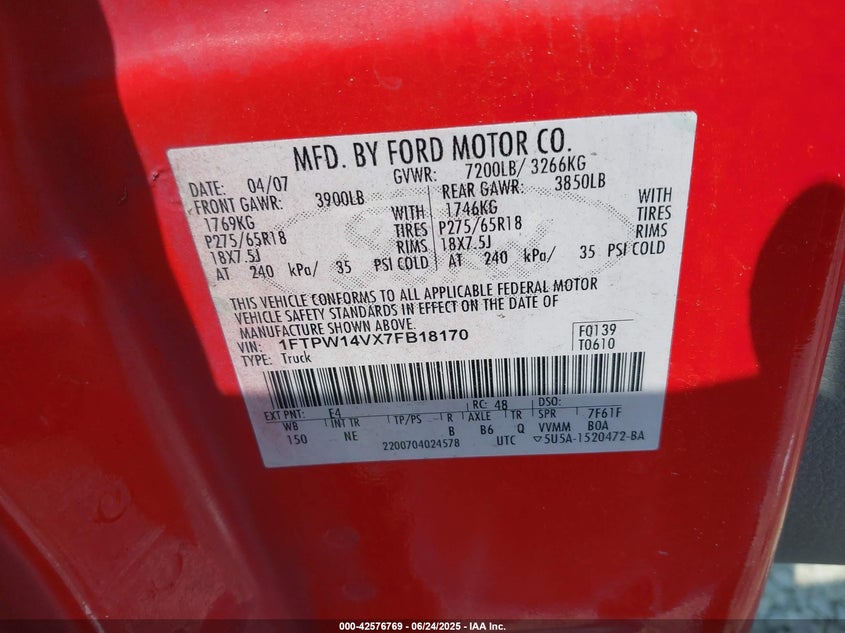 2007 FORD F-150 VIN: 1FTPW14VX7FB18170