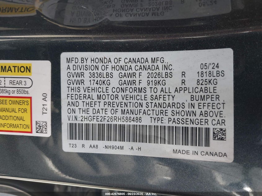 2024 HONDA CIVIC LX 2HGFE2F26RH586486