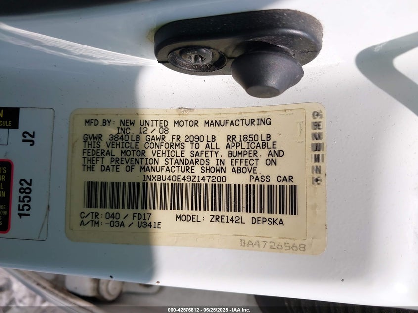 2009 TOYOTA COROLLA VIN: 1NXBU40E49Z147200