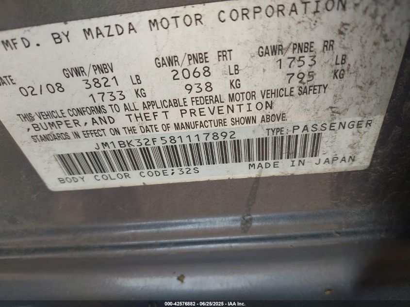 2008 Mazda Mazda3 VIN: JM18K32F581117892 Lot: 42576882