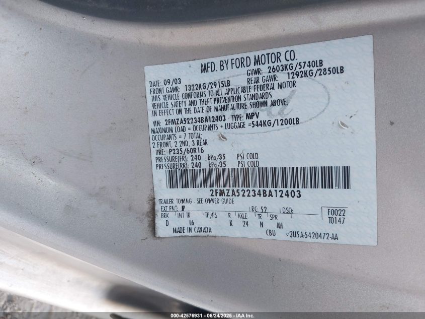 2004 Ford Freestar Sel VIN: 2FMZA52234BA12403 Lot: 42576931