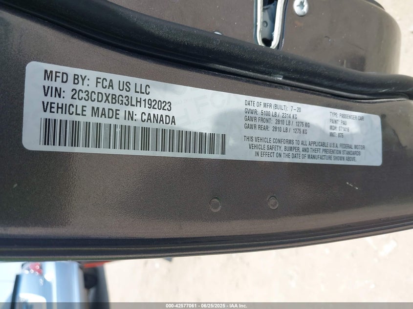 2020 Dodge Charger Sxt Rwd VIN: 2C3CDXBG3LH192023 Lot: 42577061