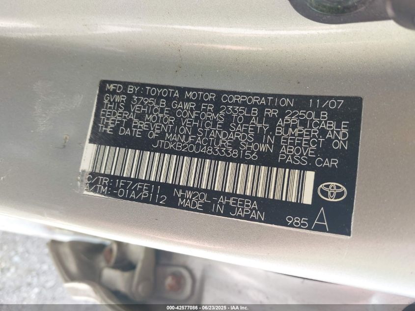 2008 Toyota Prius VIN: JTDKB20U483338156 Lot: 42577086