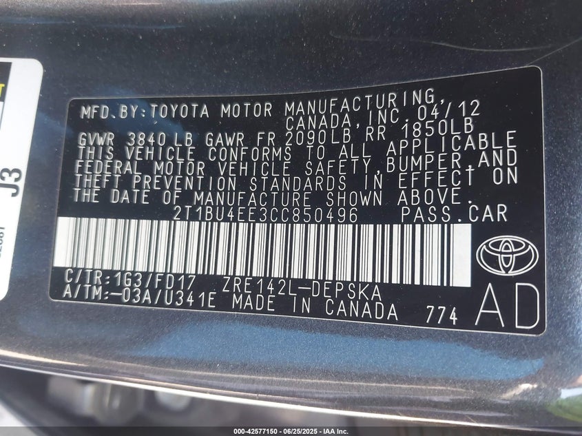 2012 TOYOTA COROLLA VIN: 2T1BU4EE3CC850496