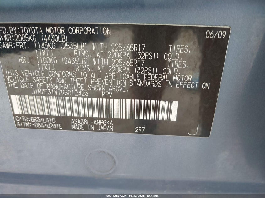 2009 Toyota Rav4 Limited VIN: JTMZF31V795012423 Lot: 42577327