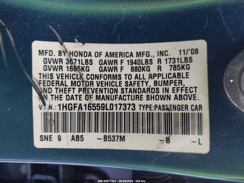 2009 Honda Civic Lx VIN: 1HGFA16559L017373 Lot: 42577341