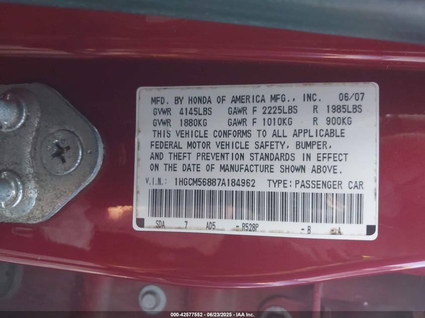 2007 HONDA ACCORD VIN: 1HGCM56887A184962