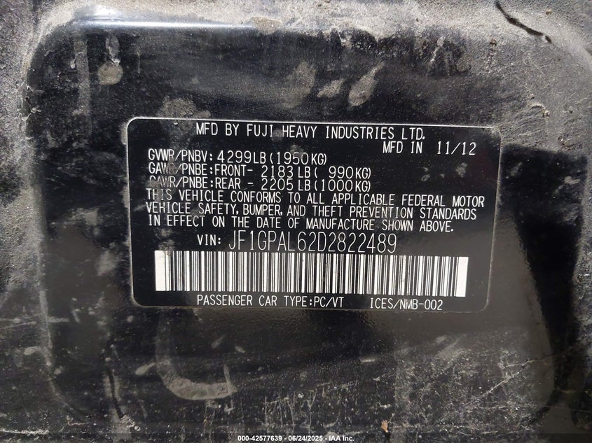 2013 SUBARU IMPREZA VIN: JF1GPAL62D2822489