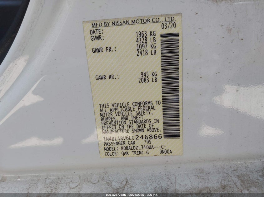 2020 Nissan Altima S Fwd VIN: 1N4BL4BV6LC246866 Lot: 42577686