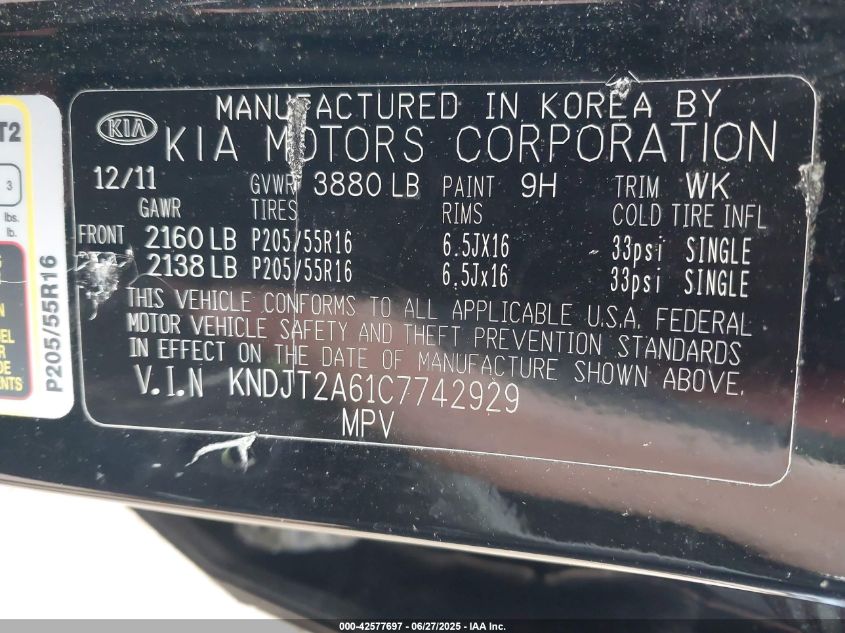 2012 Kia Soul + VIN: KNDJT2A61C7742929 Lot: 42577697