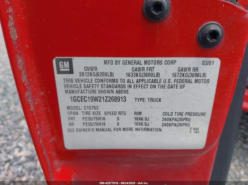 2001 Chevrolet Silverado 1500 VIN: 1GCEC19W21Z268913 Lot: 42577816