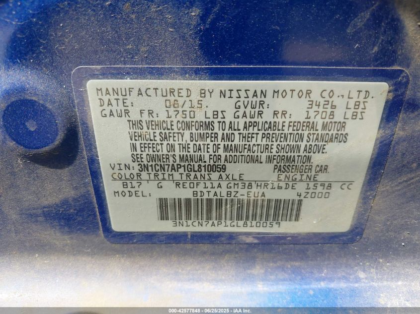 2016 Nissan Versa VIN: 3N1CN7AP1GL810059 Lot: 42577848