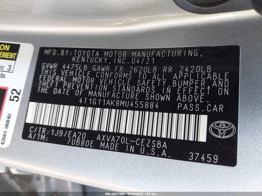2021 TOYOTA CAMRY SE - 4T1G11AK8MU455884
