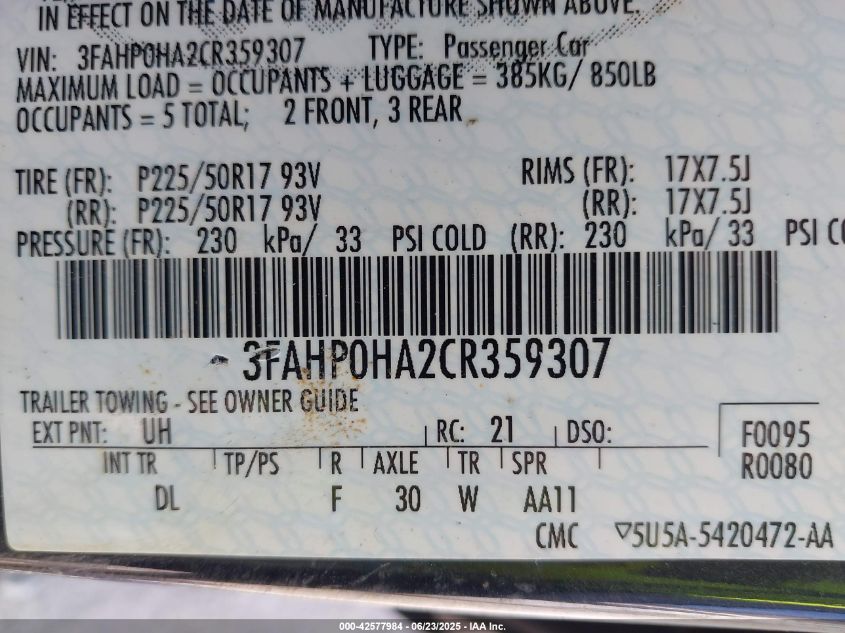 2012 Ford Fusion Se VIN: 3FAHP0HA2CR359307 Lot: 42577984