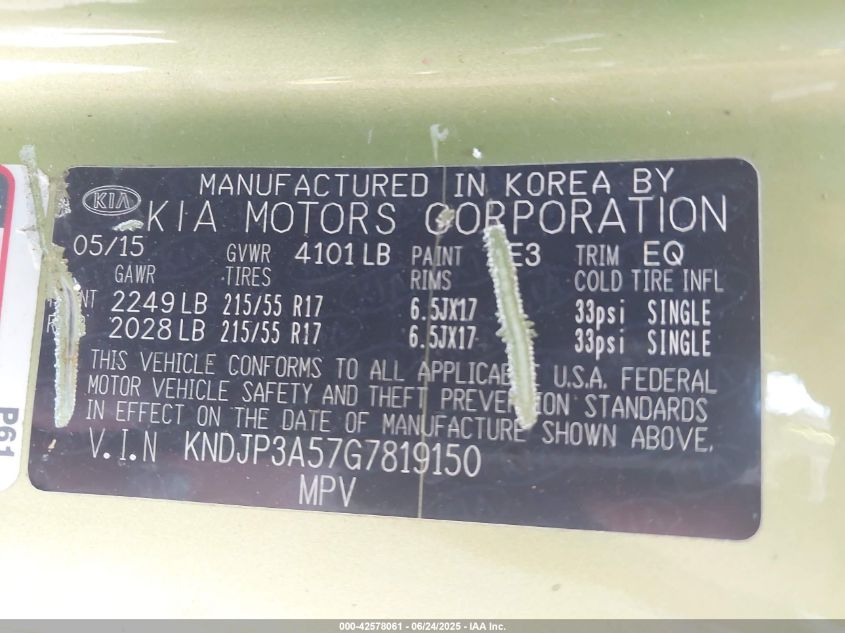 2016 Kia Soul + VIN: KNDJP3A57G7819150 Lot: 42578061