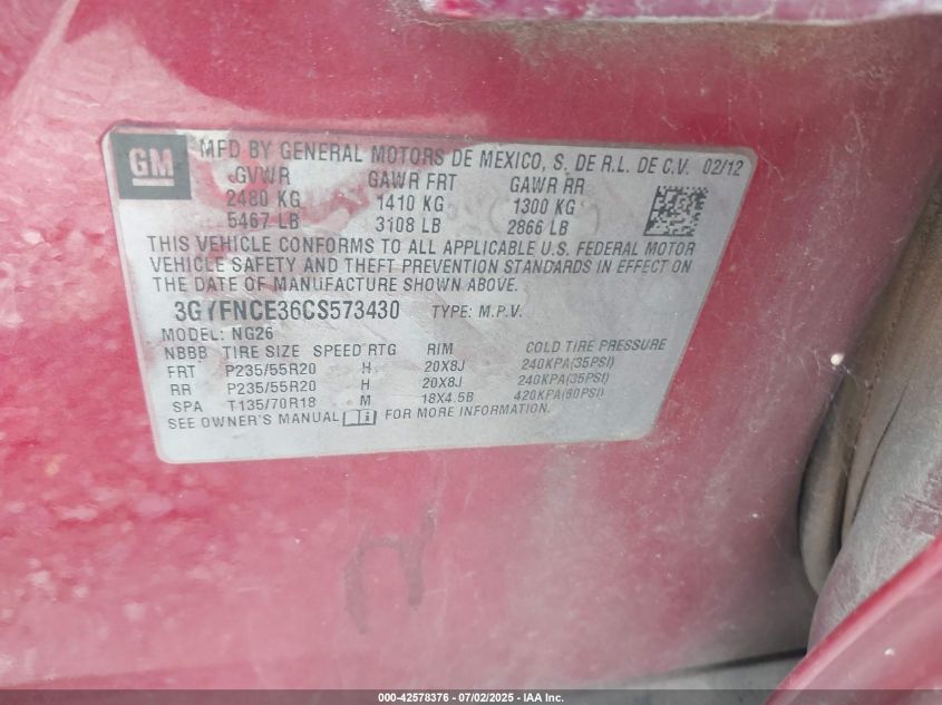 2012 Cadillac Srx Premium Collection VIN: 3GYFNCE36CS573430 Lot: 42578376