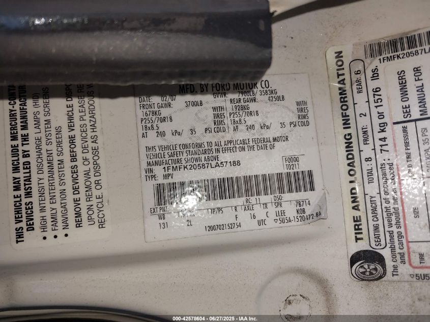 2007 Ford Expedition El Limited VIN: 1FMFK20587LA57188 Lot: 42578604