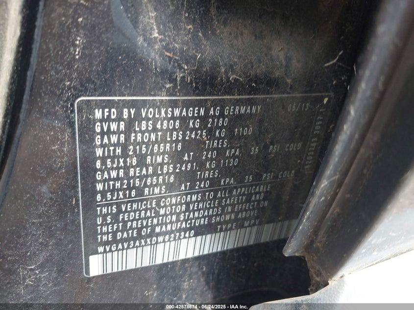 2013 VOLKSWAGEN TIGUAN VIN: WVGAV3AXXDW627340