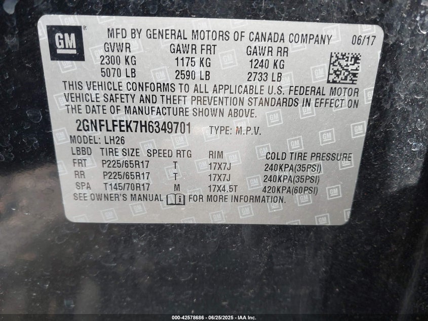 2017 CHEVROLET EQUINOX VIN: 2GNFLFEK7H6349701