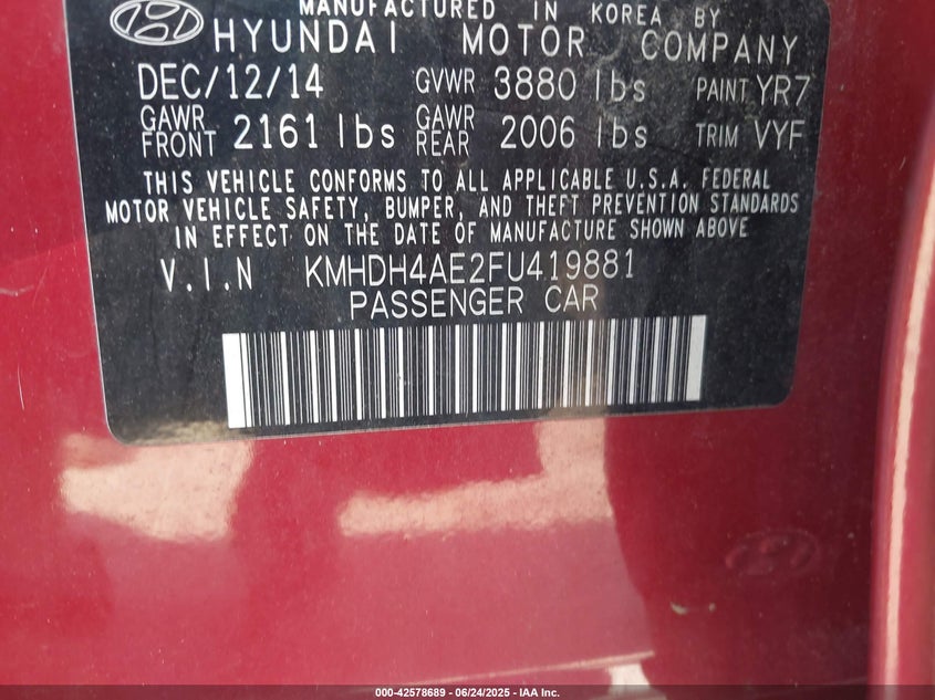 2015 HYUNDAI ELANTRA VIN: KMHDH4AE2FU419881