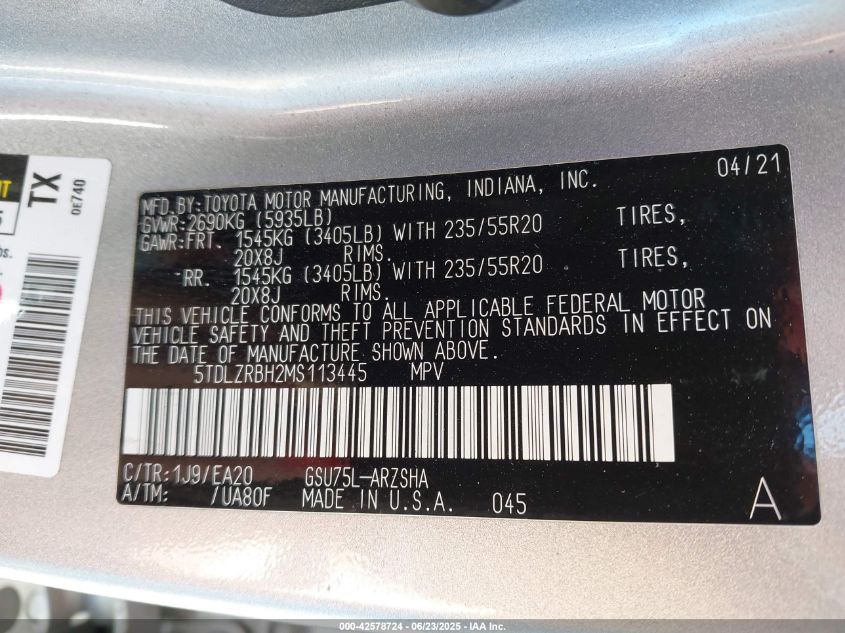 2021 Toyota Highlander - 5TDLZRBH2MS113445