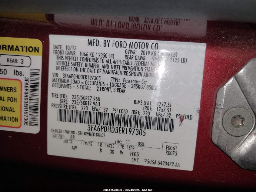 2014 Ford Fusion Se VIN: 3FA6P0HD3ER197305 Lot: 42578800