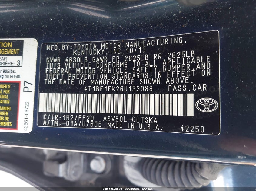 2016 TOYOTA CAMRY VIN: 4T1BF1FK2GU152088