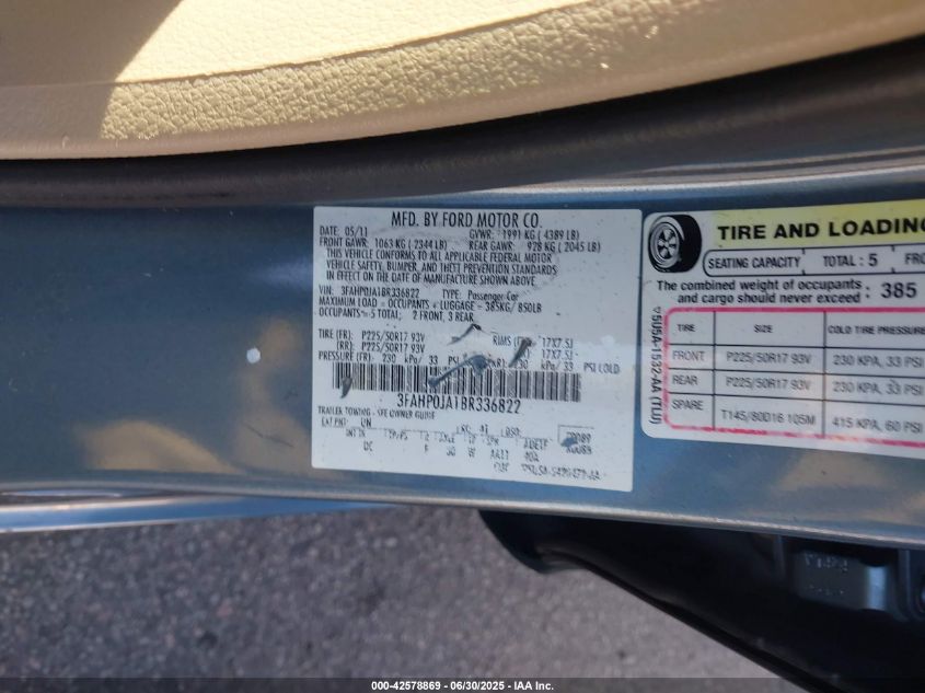 2011 Ford Fusion Sel VIN: 3FAHP0JA1BR336822 Lot: 42578869