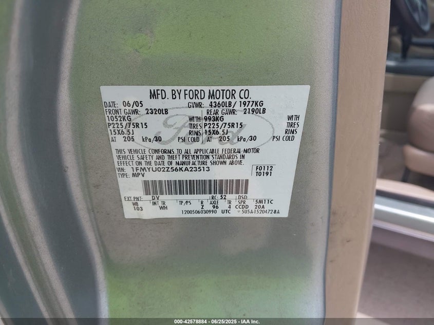 2006 FORD ESCAPE VIN: 1FMYU02Z56KA23513