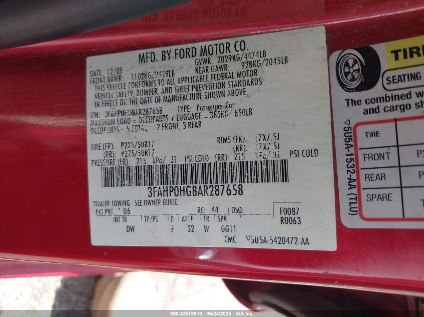 2010 Ford Fusion VIN: 3FAHP0HG8AR287658 Lot: 42851801