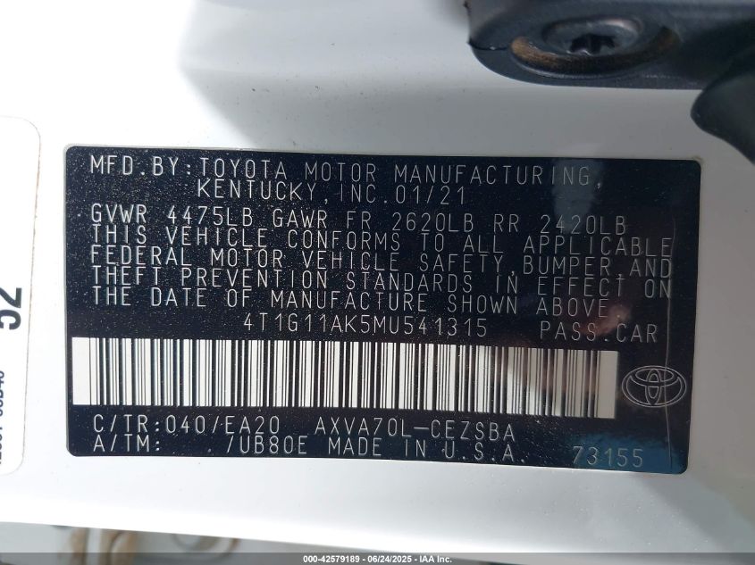 2021 Toyota Camry Se VIN: 4T1G11AK5MU541315 Lot: 42579189