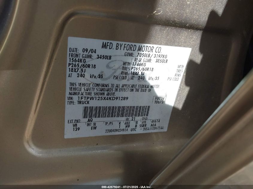 2004 Ford F-150 Lariat/Xlt VIN: 1FTPW125X4KD91289 Lot: 42579241