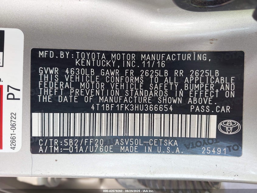 2017 TOYOTA CAMRY SE - 4T1BF1FK3HU366654