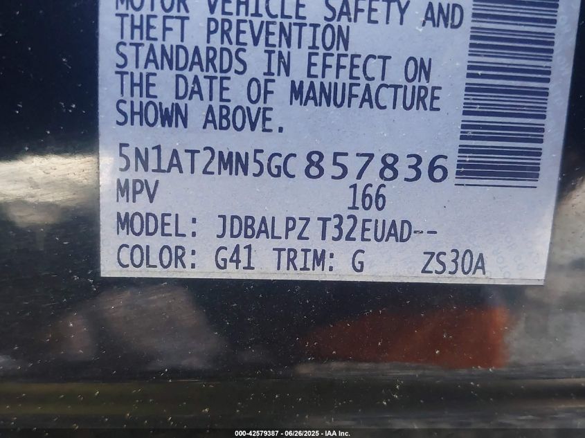 2016 Nissan Rogue S VIN: 5N1AT2MN5GC857836 Lot: 42579387