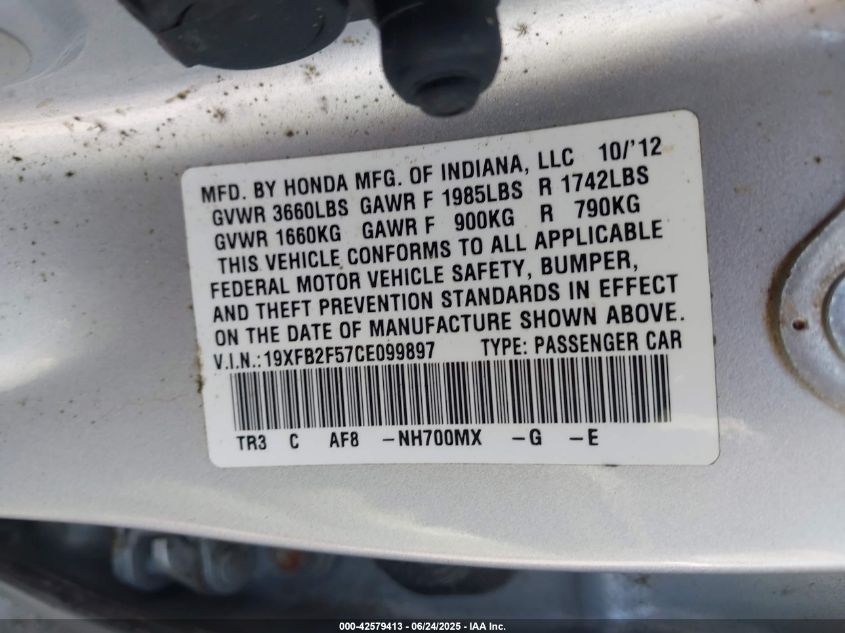 2012 Honda Civic Lx VIN: 19XFB2F57CE099897 Lot: 42579413