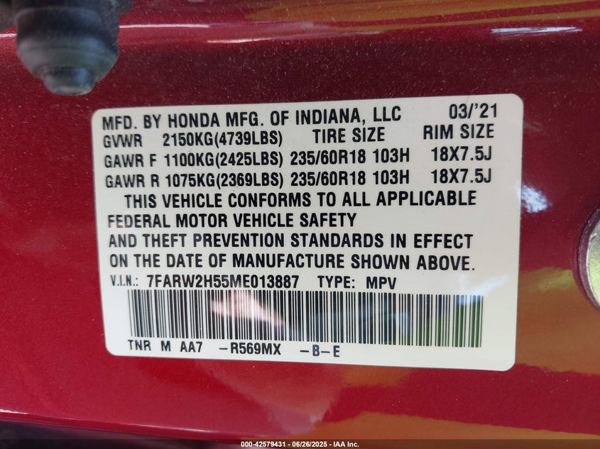 2021 HONDA CR-V AWD EX - 7FARW2H55ME013887