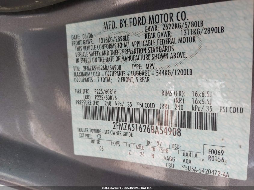 2006 Ford Freestar Se VIN: 2FMZA51626BA54908 Lot: 42579491