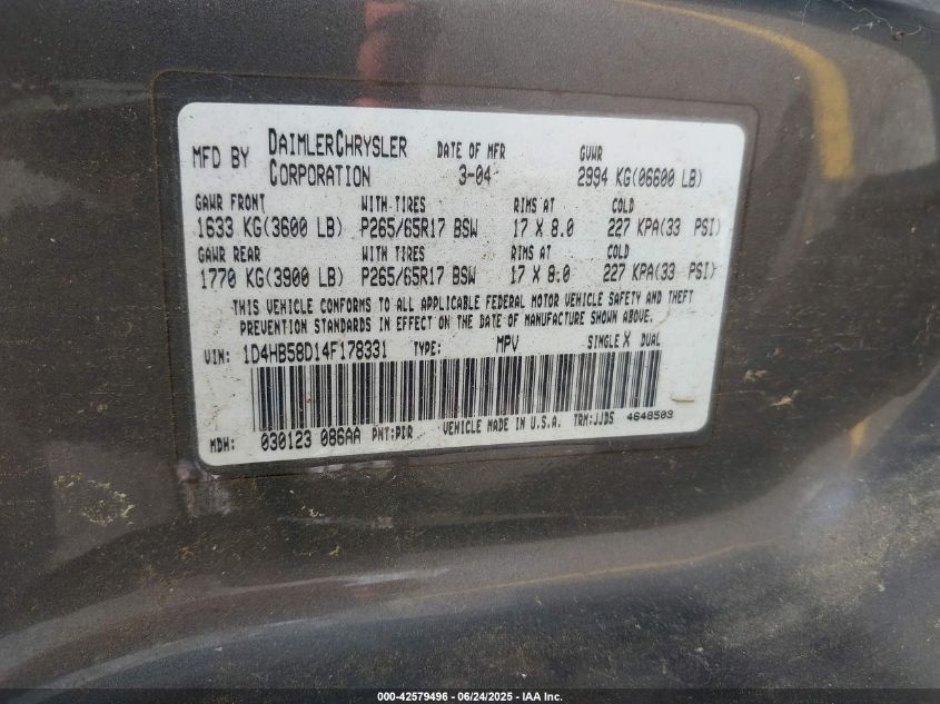 2004 Dodge Durango Limited VIN: 1D4HB58D14F178331 Lot: 42579496