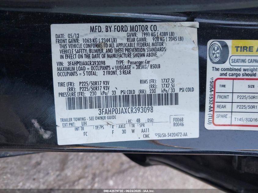 2012 Ford Fusion Sel VIN: 3FAHP0JAXCR393098 Lot: 42579730