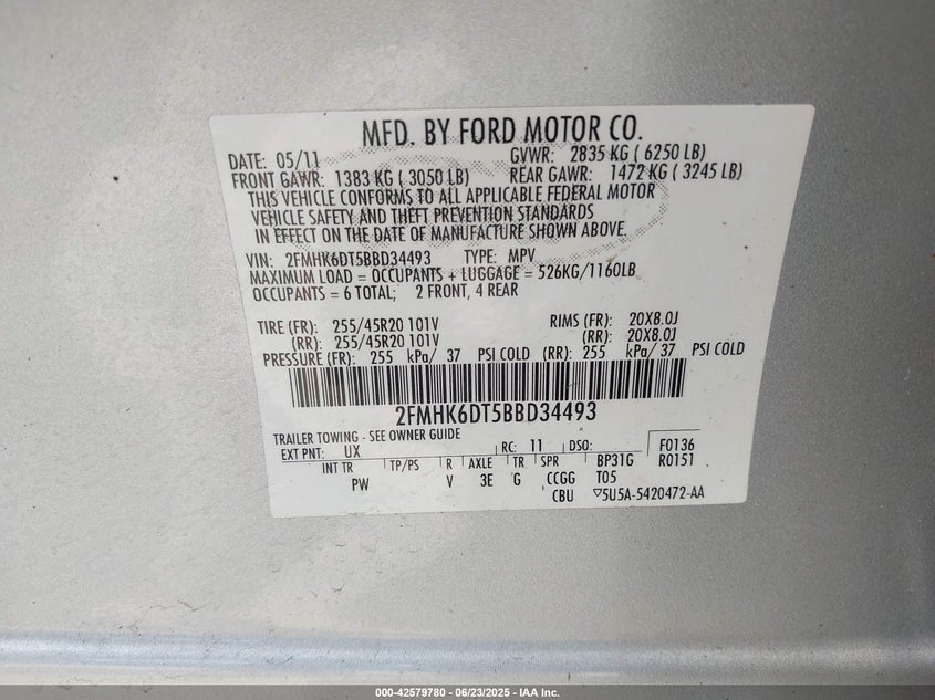 2011 FORD FLEX VIN: 2FMHK6DT5BBD34493