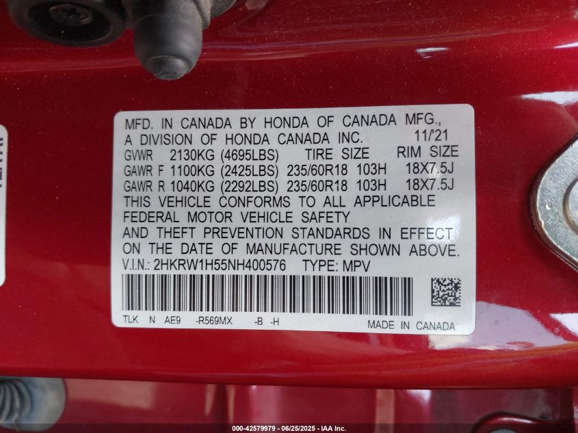 2022 Honda Cr-V 2Wd Ex VIN: 2HKRW1H55NH400576 Lot: 42579979