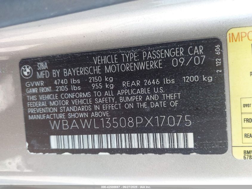 2008 BMW 328I VIN: WBAWL13508PX17075 Lot: 42580087