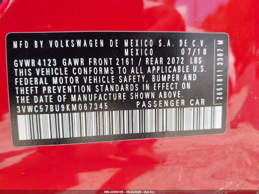 2019 Volkswagen Jetta 1.4T R-Line/1.4T S/1.4T Se VIN: 3VWC57BU9KM067345 Lot: 42580189