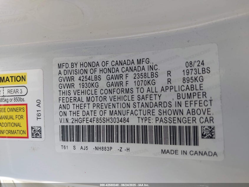 2025 HONDA CIVIC HYBRID SPORT/SPORT TOURING - 2HGFE4F85SH303484