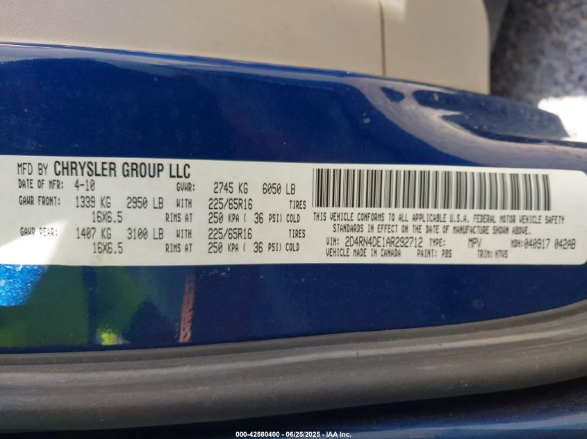 2010 Dodge Grand Caravan Se VIN: 2D4RN4DE1AR292712 Lot: 42580400