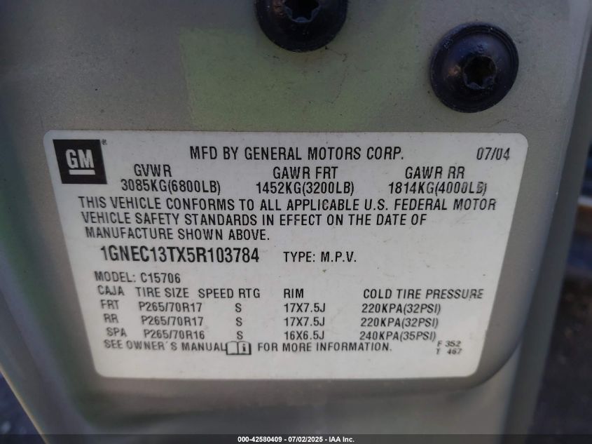 2005 Chevrolet Tahoe Lt VIN: 1GNEC13TX5R103784 Lot: 42580409