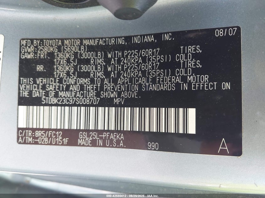 2007 Toyota Sienna Le VIN: 5TDBK23C97S008707 Lot: 42580412