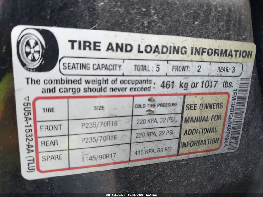 2010 FORD ESCAPE VIN: 1FMCU0DG5AKB79954
