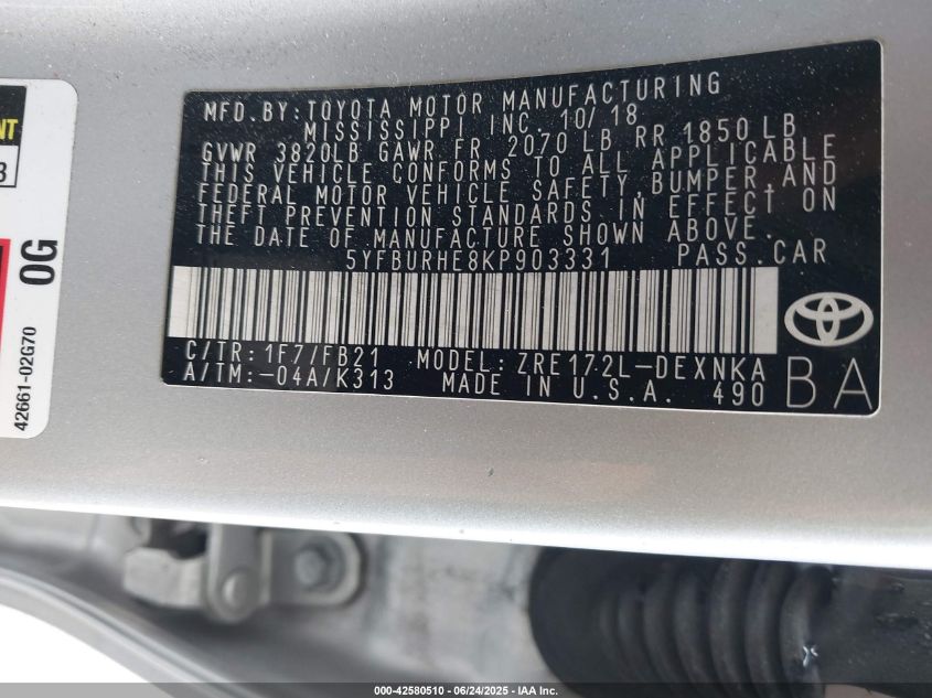 2019 Toyota Corolla Le VIN: 5YFBURHE8KP903331 Lot: 42580510