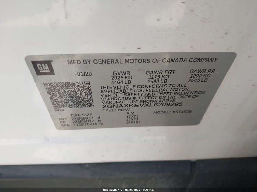 2020 Chevrolet Equinox Fwd Lt 1.5L Turbo VIN: 2GNAXKEVXL6209295 Lot: 42580777